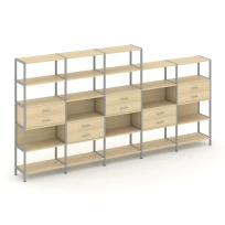Пятисекционный стеллаж пятиярусный с ящиками Shelf System SN.STM-551 Тиквуд Светлый/Металл Серый 3930×810×1980