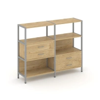 Двухсекционный стеллаж трехъярусный с ящиками Shelf System SN.STM-323 Тиквуд Светлый/Металл Серый 1590×810×1246